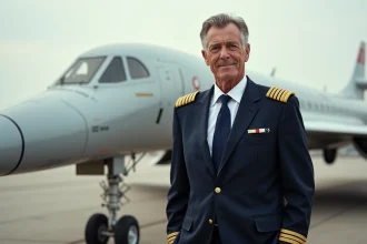 Pilote en costume navy près du Concorde sur tarmac