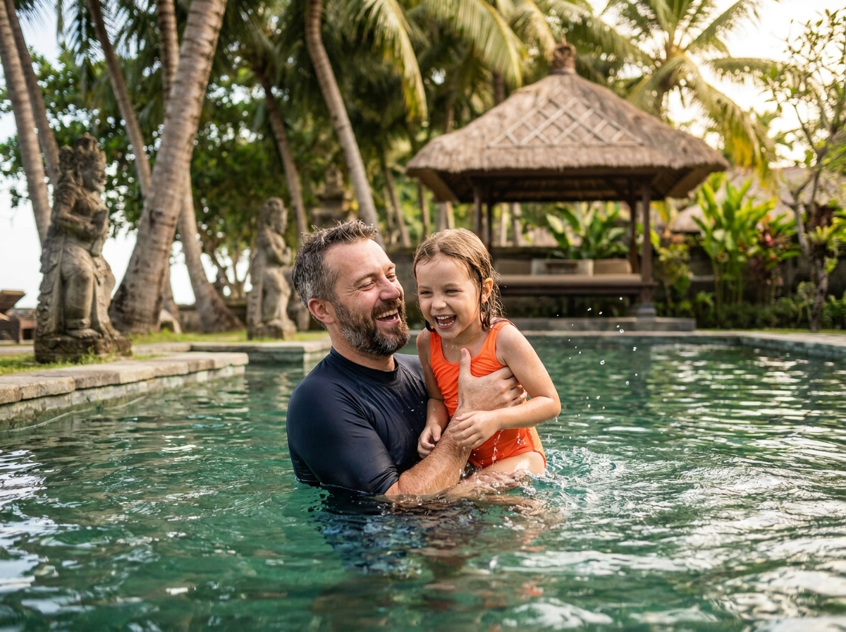Père et fille jouant dans une piscine de resort balinais entourée de sculptures en pierre et de palmiers tropicaux