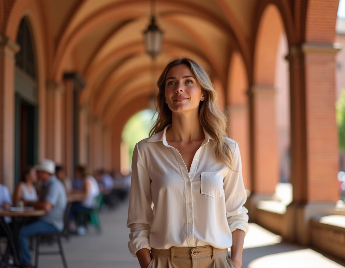 Femme se promenant sous les arcades en brique rose de la Place Nationale à Montauban