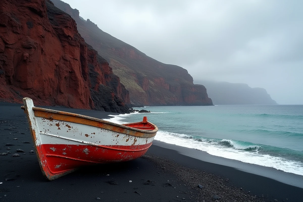 Plage rouge déserte d'Akrotiri à Santorin hors saison avec des falaises volcaniques impressionnantes et une barque de pêche abandonnée