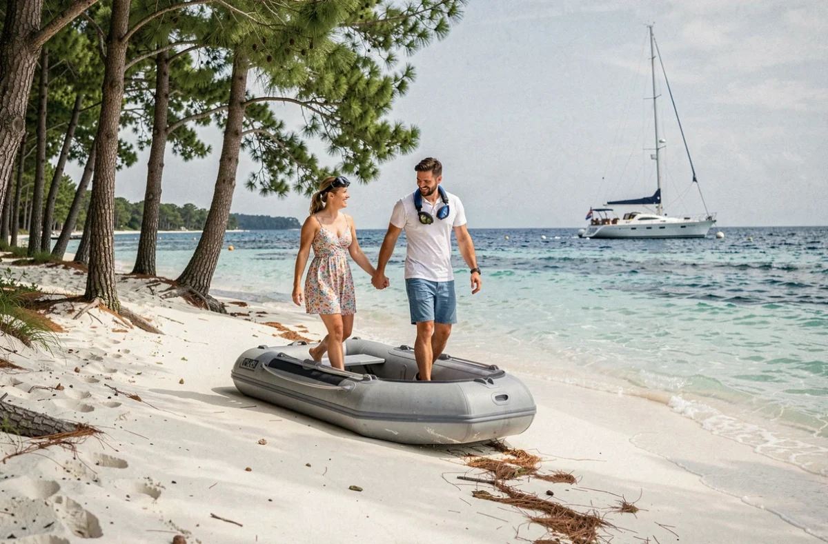 Couple débarquant d'un annexe sur une plage sauvage isolée accessible uniquement en bateau lors d'une croisière en Corse