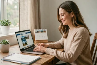 Femme planifiant ses vacances d'été sur un site de voyage depuis son bureau à la maison avec un calendrier et un ordinateur portable