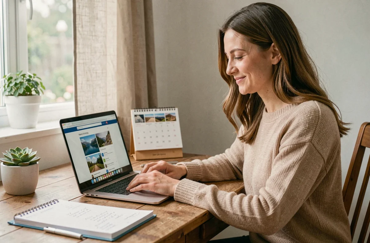 Femme planifiant ses vacances d'été sur un site de voyage depuis son bureau à la maison avec un calendrier et un ordinateur portable