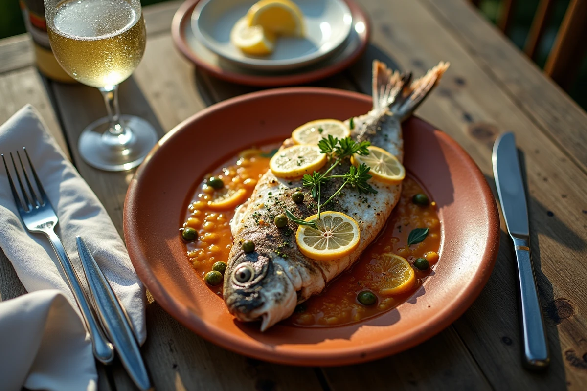 Assiette de branzino grillé et verre de vin blanc dans un restaurant de poisson en terrasse à Pise