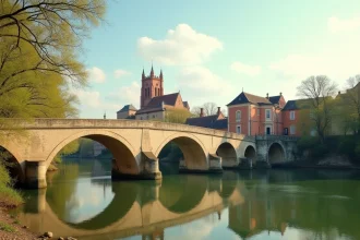 Vue panoramique du Pont Vieux de Montauban et de la cathédrale Saint-Jacques depuis les rives du Tarn