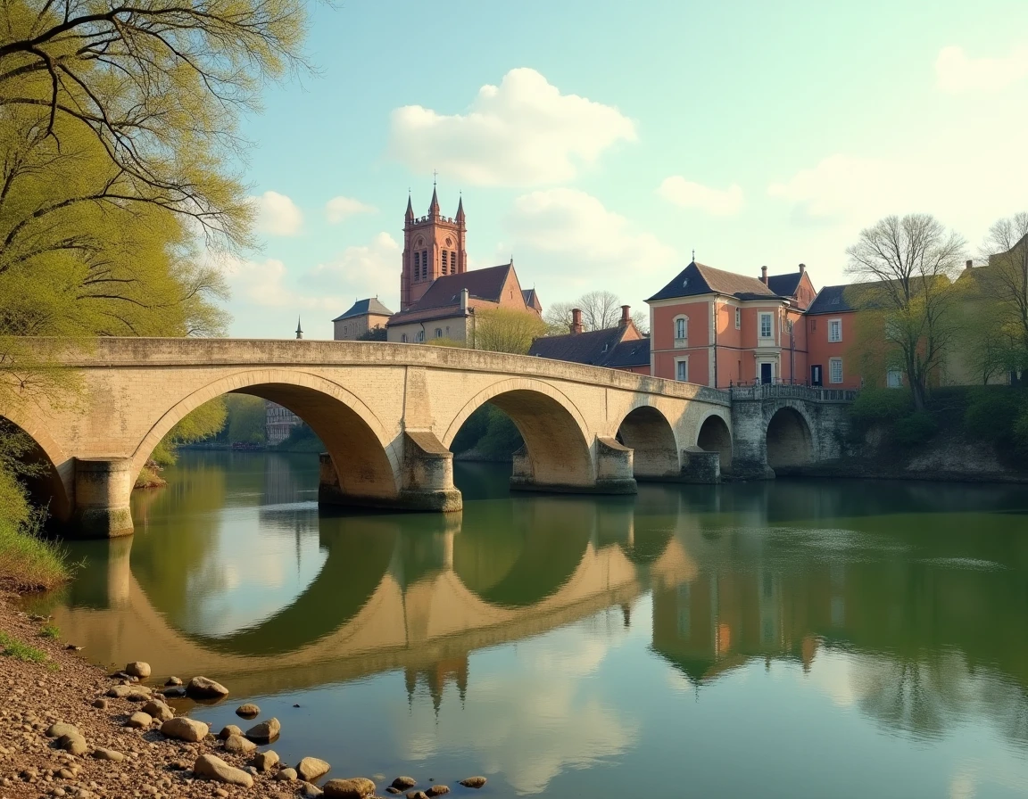 Vue panoramique du Pont Vieux de Montauban et de la cathédrale Saint-Jacques depuis les rives du Tarn
