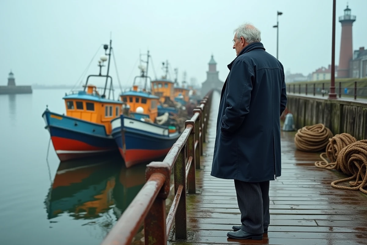 Homme observant les bateaux de pêche amarrés dans le port de Saint-Valery-sur-Somme par temps brumeux