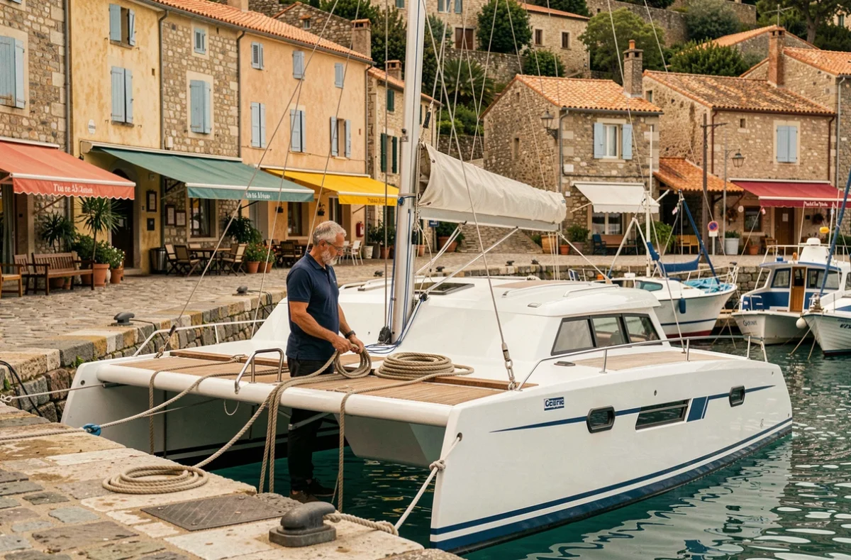 Catamaran amarré dans un port typique de Corse avec des bâtiments en pierre et des bateaux de pêche traditionnels