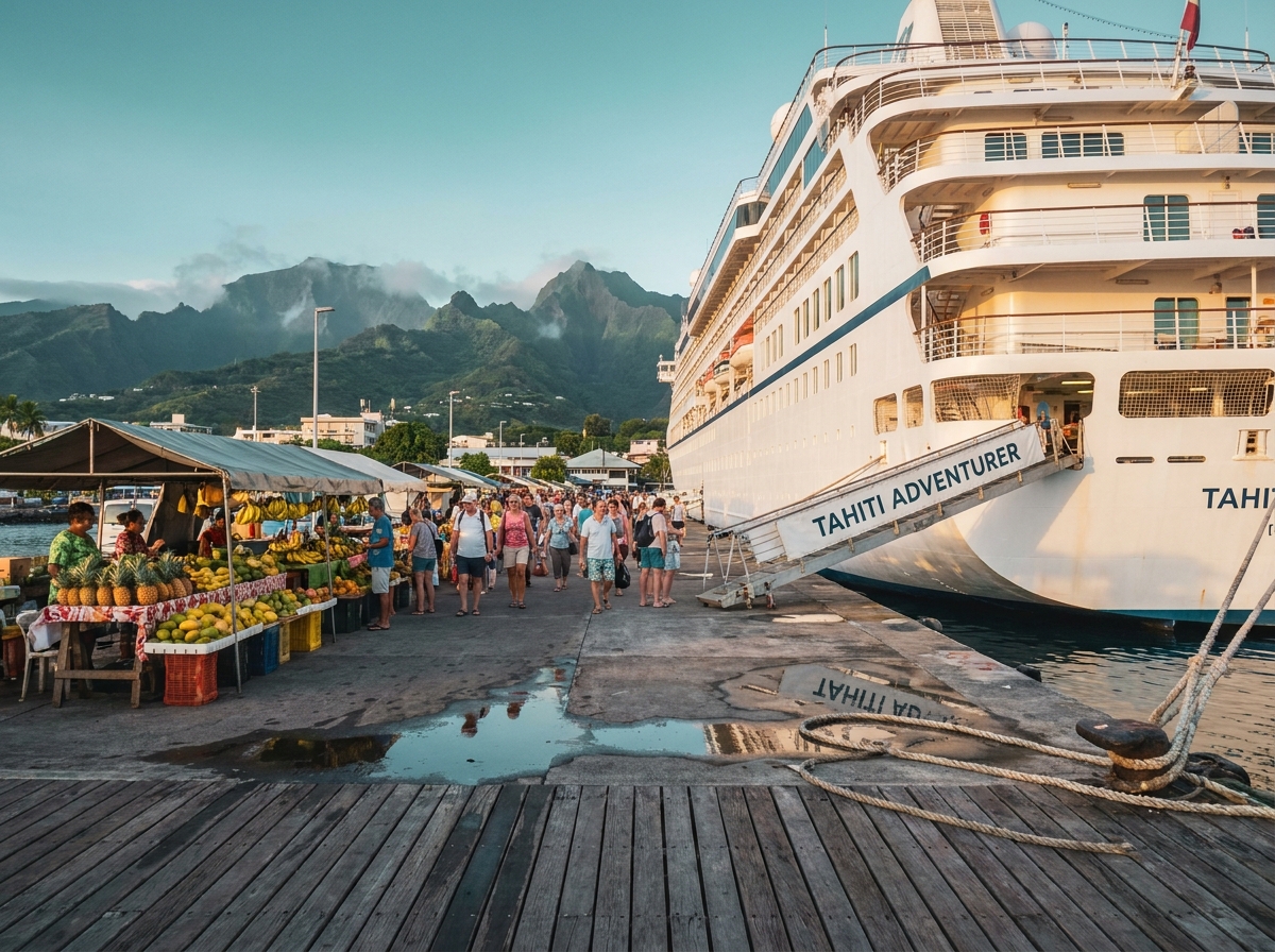 Navire de croisière amarré au port de Papeete à l'aube avec les montagnes brumeuses de Tahiti en arrière-plan et des vendeurs locaux sur le quai