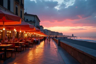 Promenade en bord de mer à Pise le soir avec terrasses de restaurants illuminées et ciel crépusculaire