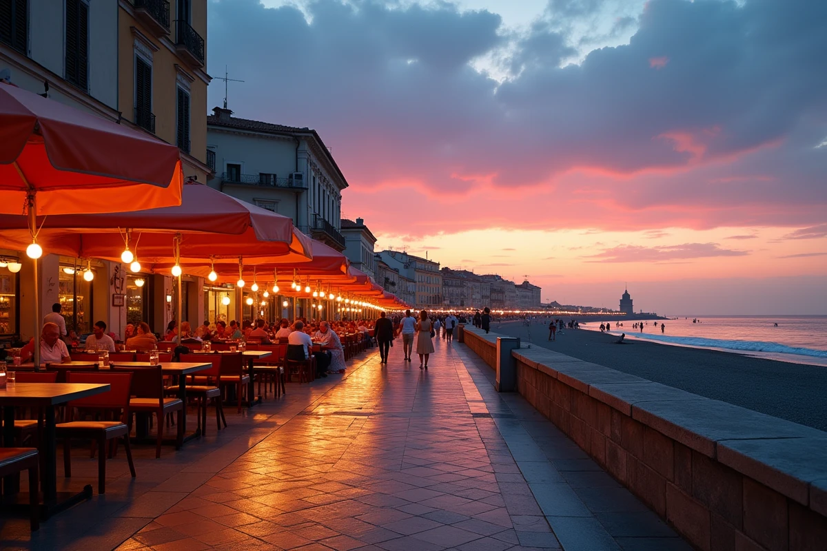 Promenade en bord de mer à Pise le soir avec terrasses de restaurants illuminées et ciel crépusculaire