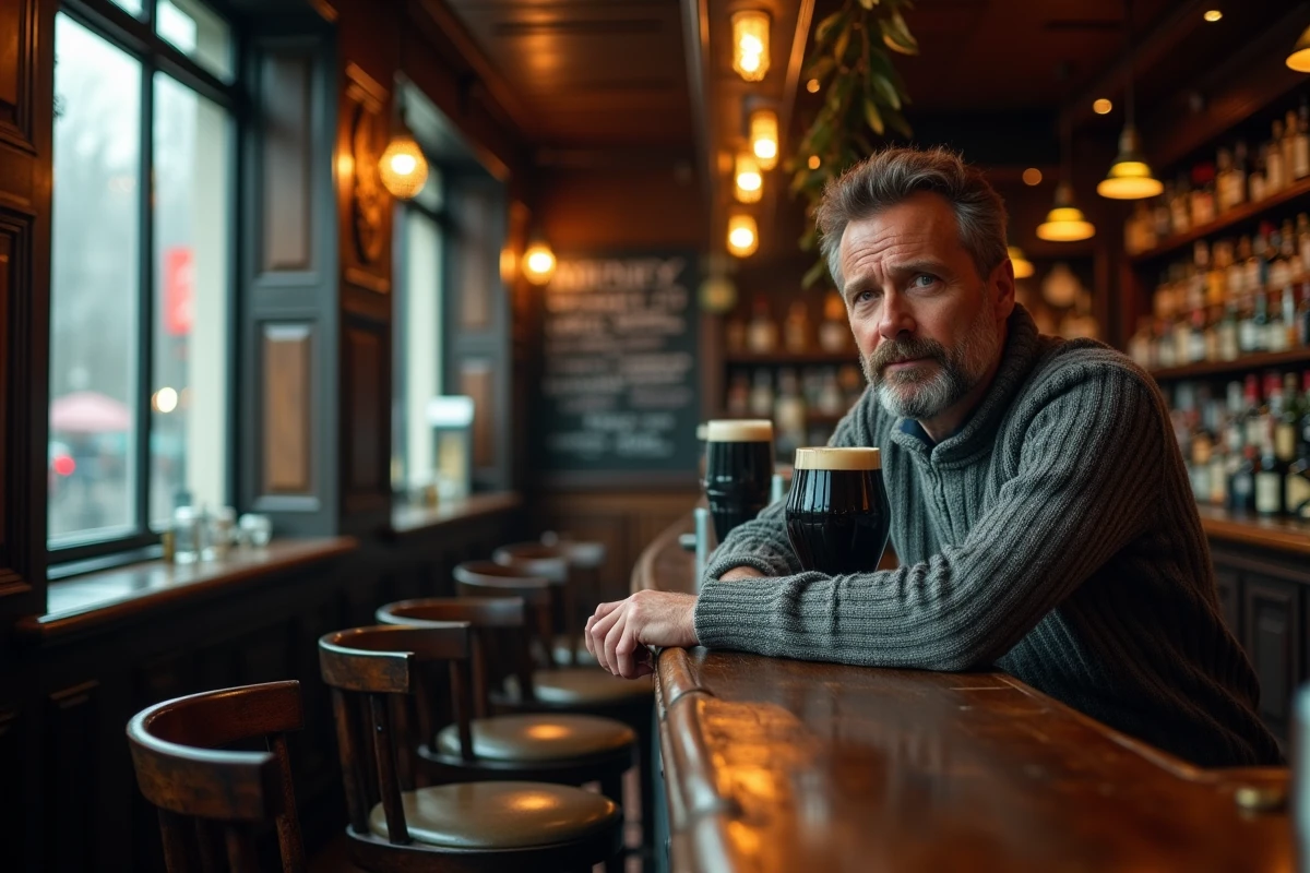 Homme en pull irlandais savourant une pinte de stout dans un pub traditionnel de Dublin en novembre, atmosphère chaleureuse et boisée