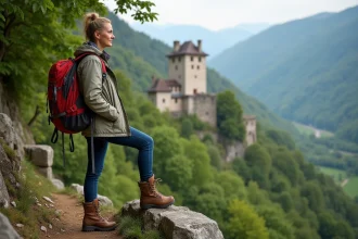 Femme en randonnée devant le château de Requesens