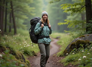 Femme randonneuse souriante dans la forêt en pleine nature