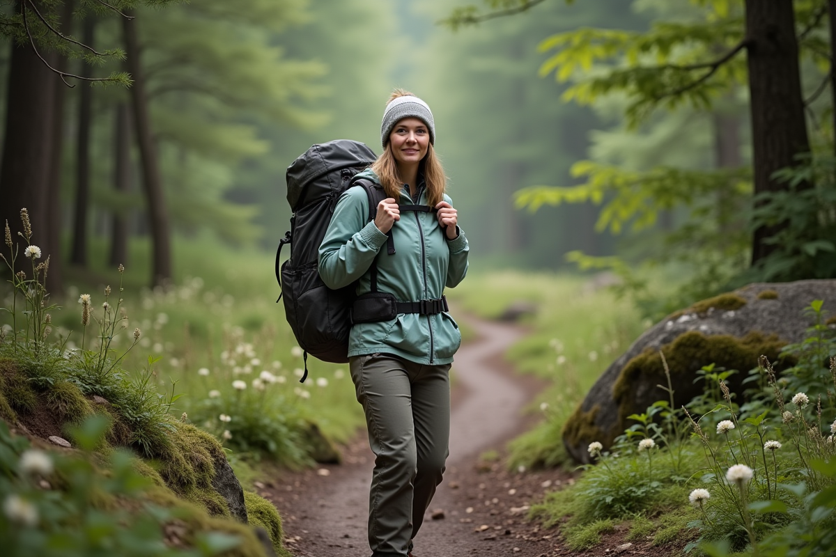 Femme randonneuse souriante dans la forêt en pleine nature