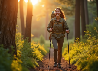 Randonnée sans fatigue : astuces pour rester en forme tout au long du parcours Randonneuse souriante en forêt au lever du soleil