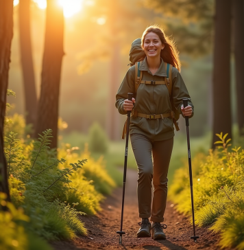 Randonneuse souriante en forêt au lever du soleil