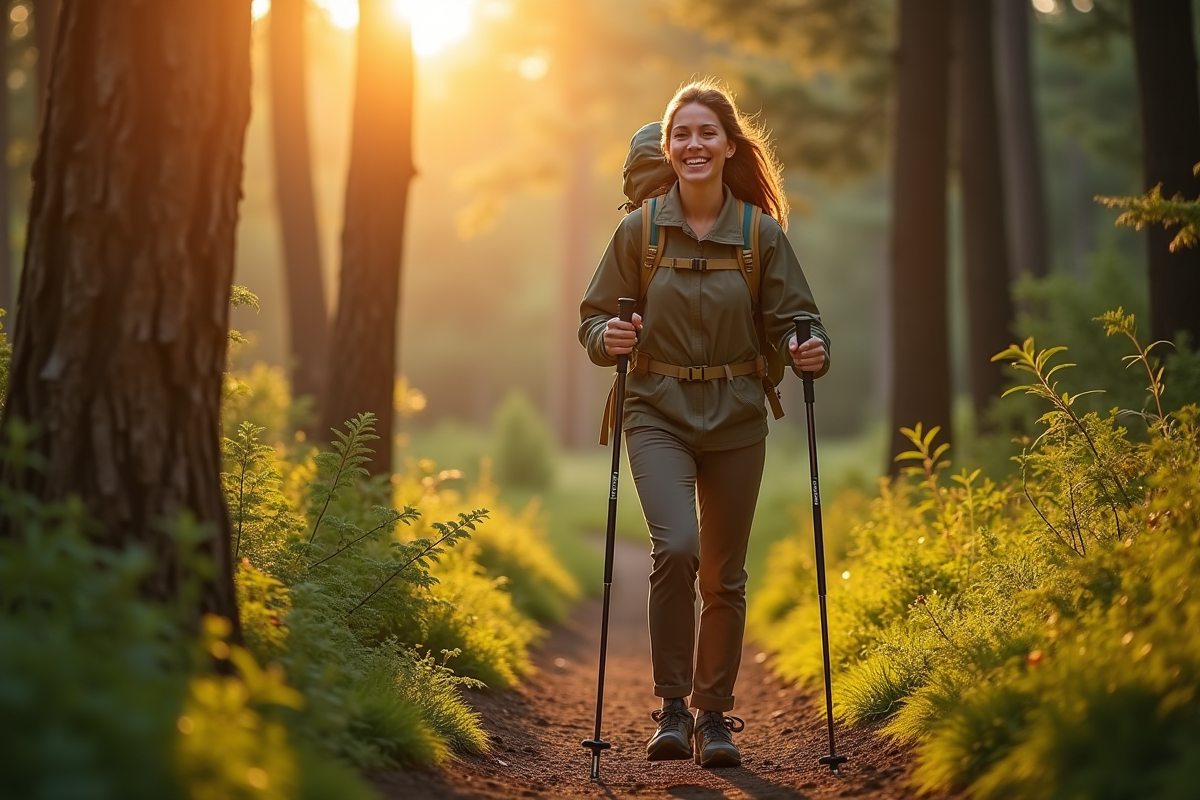 Randonneuse souriante en forêt au lever du soleil