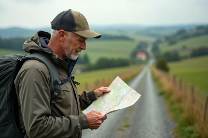 Homme en vêtements de randonnée sur un chemin rural avec carte