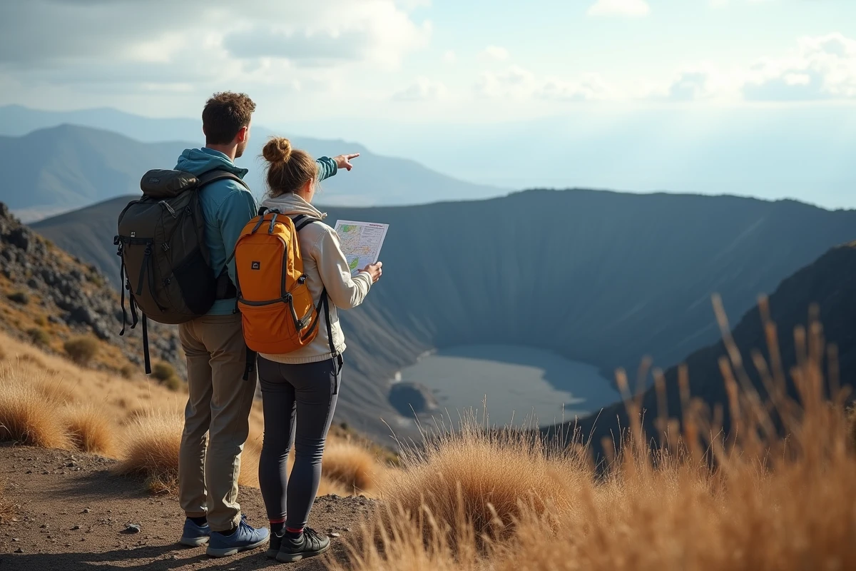 Couple de randonneurs utilisant une carte volcan Sicile au bord du cratère de l'Etna