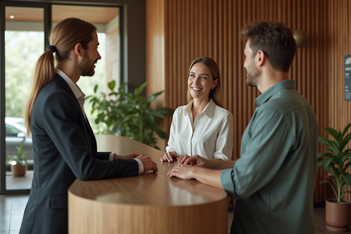 Réceptionniste accueillant un couple dans un hôtel écologique