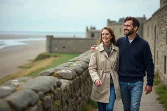 Couple se promenant sur les remparts médiévaux de Saint-Valery-sur-Somme avec vue sur la baie de Somme