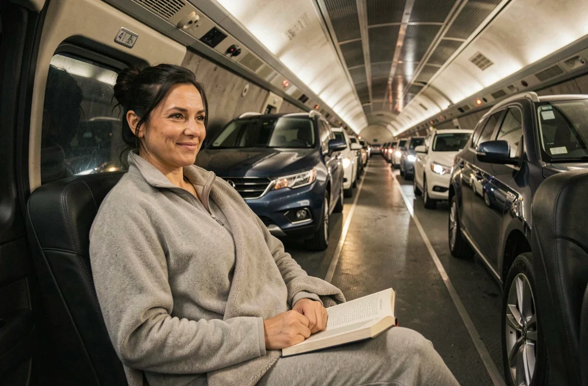 Femme se reposant dans un SUV aligné dans un wagon du tunnel sous la Manche avec couverture de voyage
