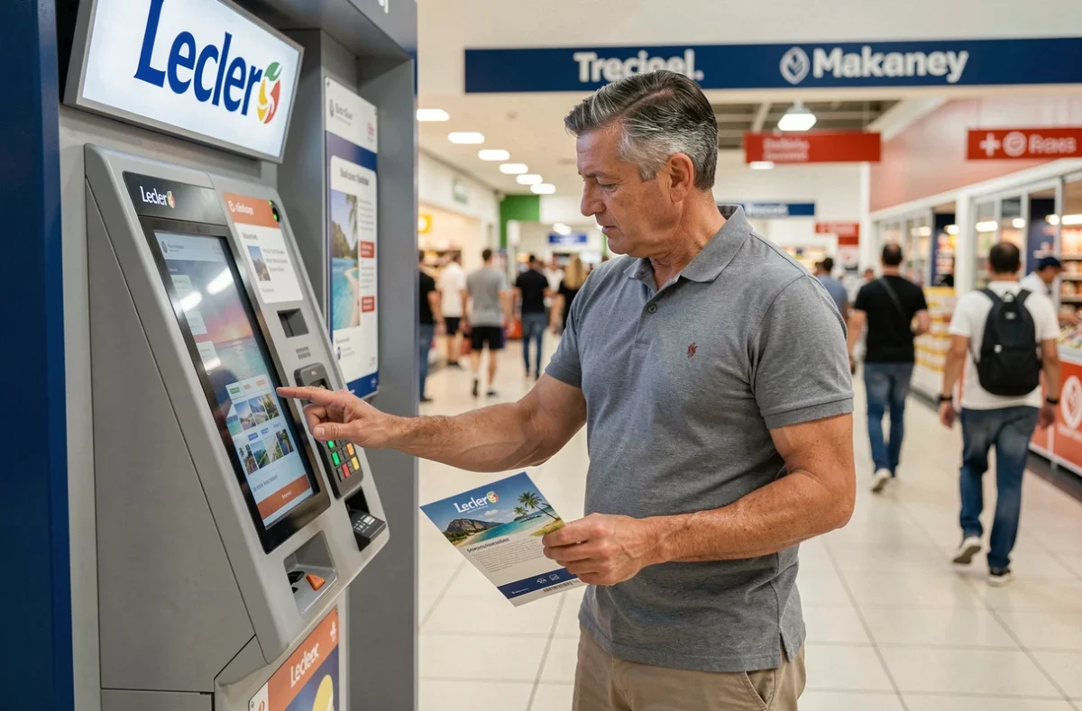 Homme utilisant un kiosque Leclerc Voyage en hypermarché pour réserver ses vacances
