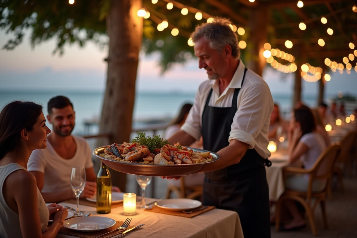 Serveur présentant un plateau de fruits de mer dans un restaurant de poisson en bord de mer à Pise