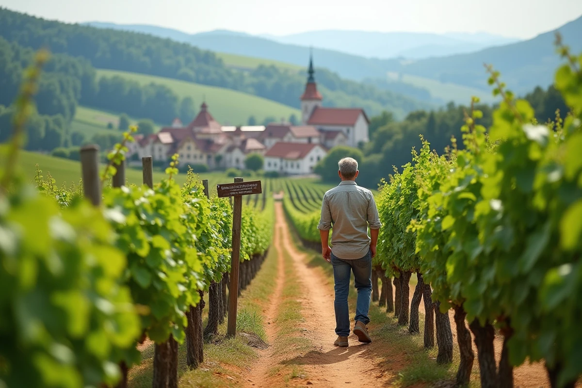 Route des vins d'Alsace en Bas-Rhin avec des rangées de vignes et un randonneur contemplant le paysage viticole alsacien