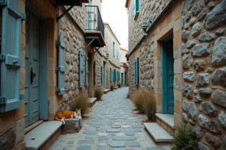 Ruelle pavée déserte d'Areopoli en Mani hors saison, avec maisons-tours en pierre et volet turquoise, ambiance authentique et silencieuse