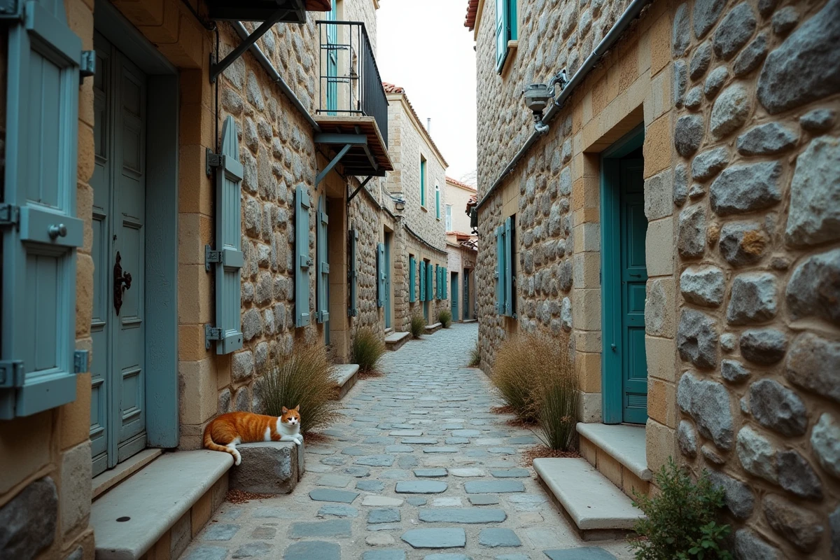 Ruelle pavée déserte d'Areopoli en Mani hors saison, avec maisons-tours en pierre et volet turquoise, ambiance authentique et silencieuse