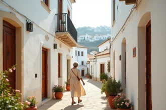 Ruelle blanche typique d'Ostuni dans les Pouilles avec des pots de géraniums et une femme en robe de lin