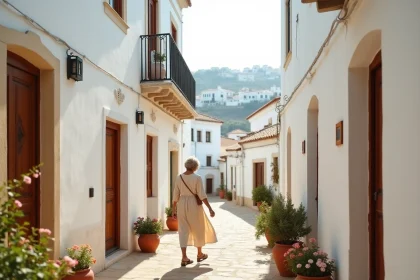 Ruelle blanche typique d'Ostuni dans les Pouilles avec des pots de géraniums et une femme en robe de lin
