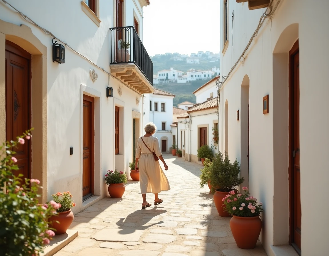 Ruelle blanche typique d'Ostuni dans les Pouilles avec des pots de géraniums et une femme en robe de lin