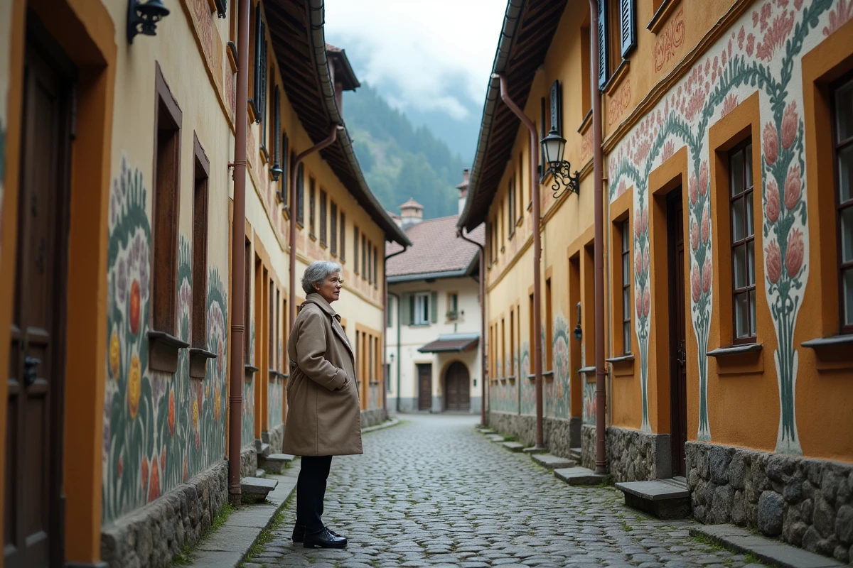 Ruelle pittoresque d'Oberammergau avec maisons peintes de fresques bavaroises typiques et vue sur les Alpes en arrière-plan