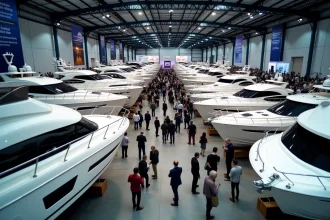 Vue panoramique du hall du Salon nautique international de Paris avec voiliers et bateaux à moteur exposés sur cales sèches entourés de visiteurs