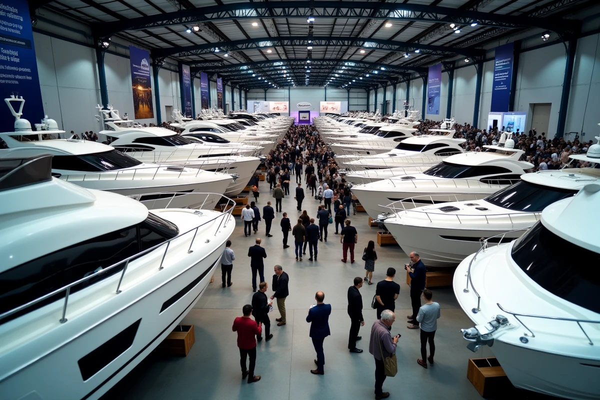 Vue panoramique du hall du Salon nautique international de Paris avec voiliers et bateaux à moteur exposés sur cales sèches entourés de visiteurs