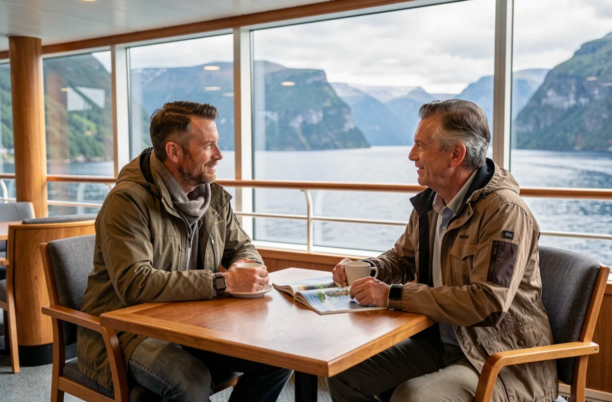 Couple de voyageurs dans le salon panoramique d'un bateau de croisière avec vue sur un fjord