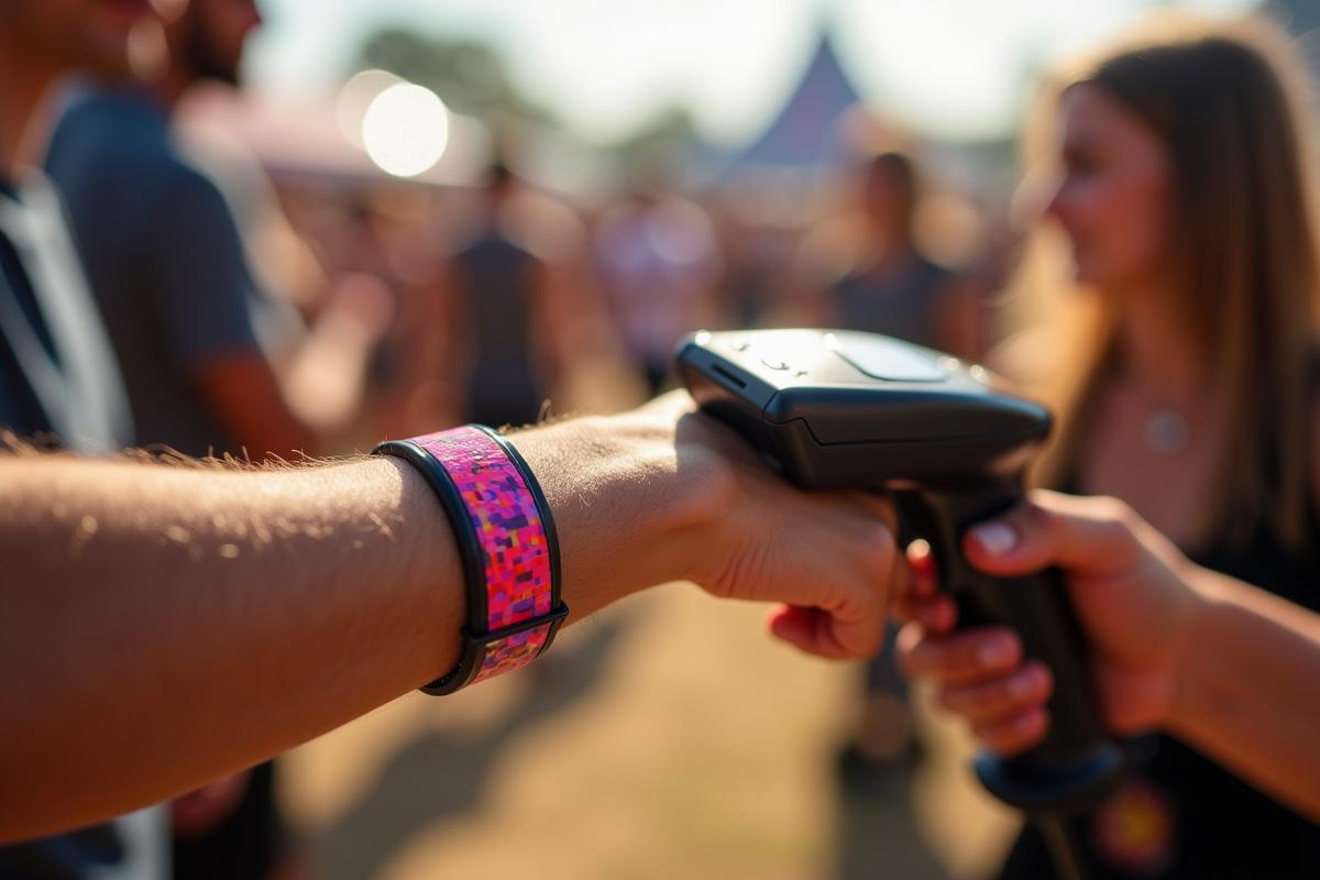 Main avec bracelet RFID scanne au festival en plein jour