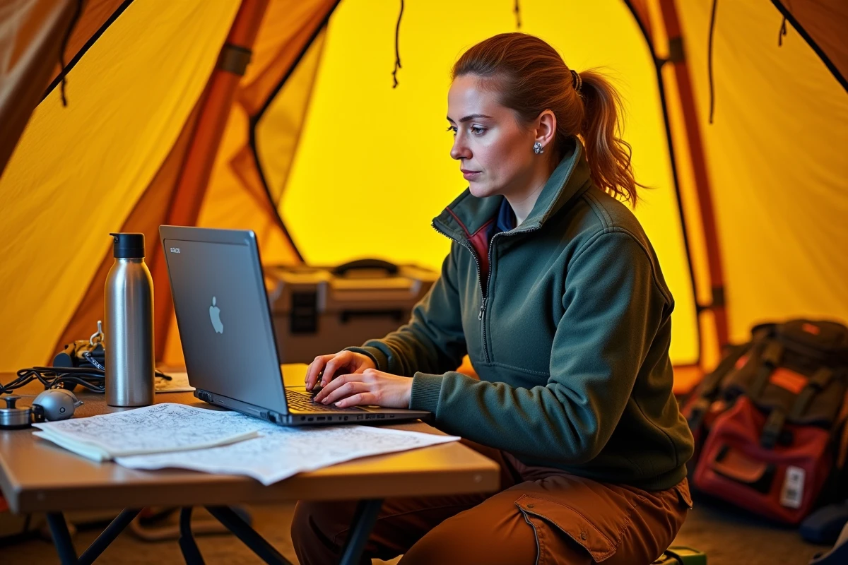 Scientifique en géodésie analysant des données GPS satellitaires dans un camp de base pour recalculer l'altitude de l'Everest
