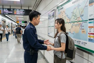 Agent de sécurité du métro de Guangzhou aidant une voyageuse occidentale avec une carte bilingue chinois-anglais dans une station moderne