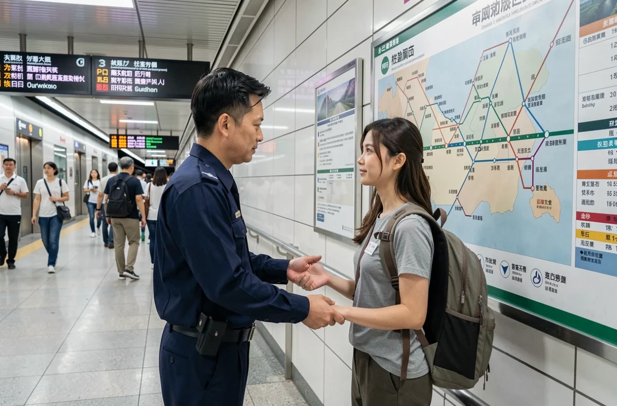 Agent de sécurité du métro de Guangzhou aidant une voyageuse occidentale avec une carte bilingue chinois-anglais dans une station moderne