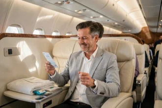 Passager en classe affaires Delta Air Lines assis dans un siège large en cuir crème après un surclassement