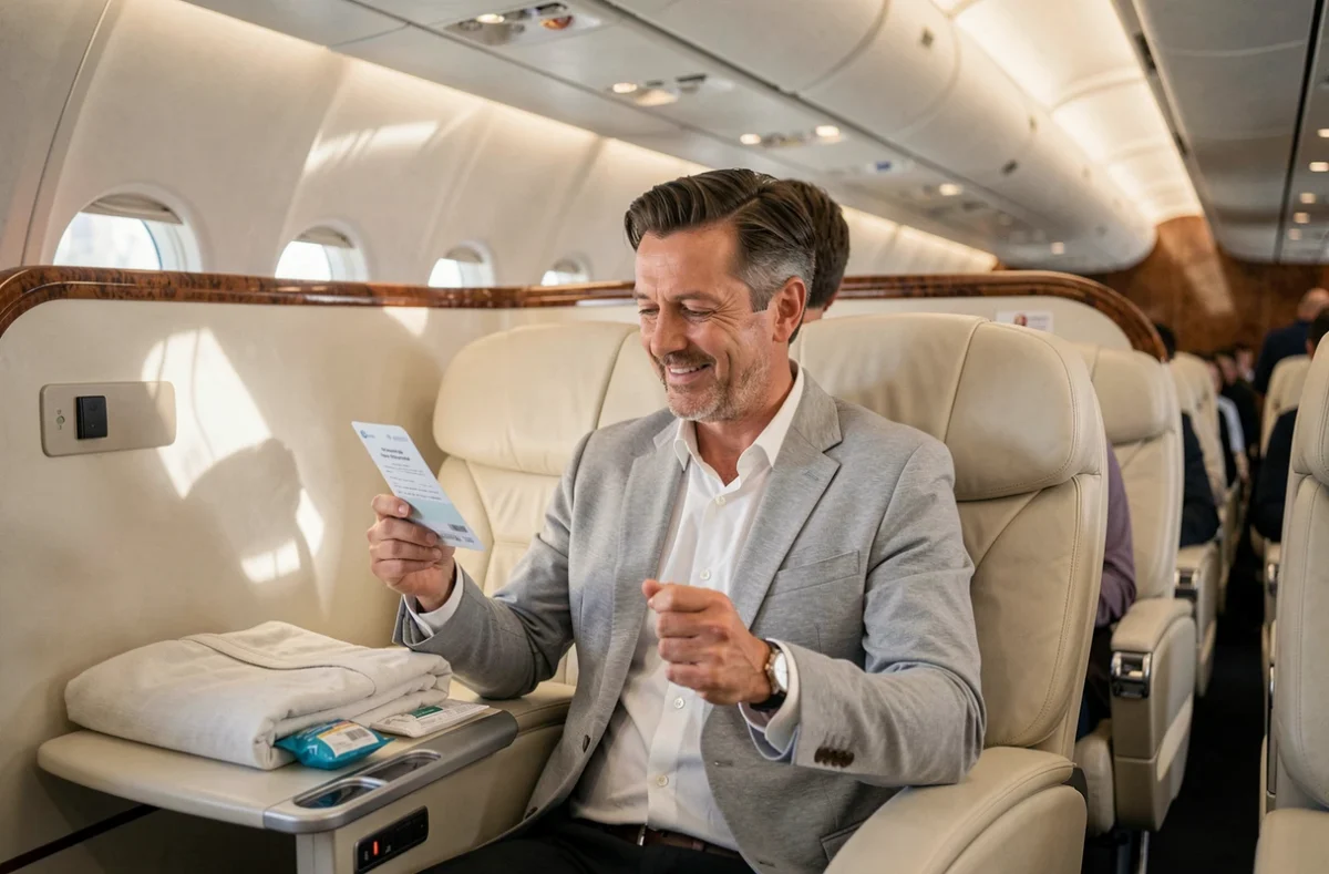 Passager en classe affaires Delta Air Lines assis dans un siège large en cuir crème après un surclassement