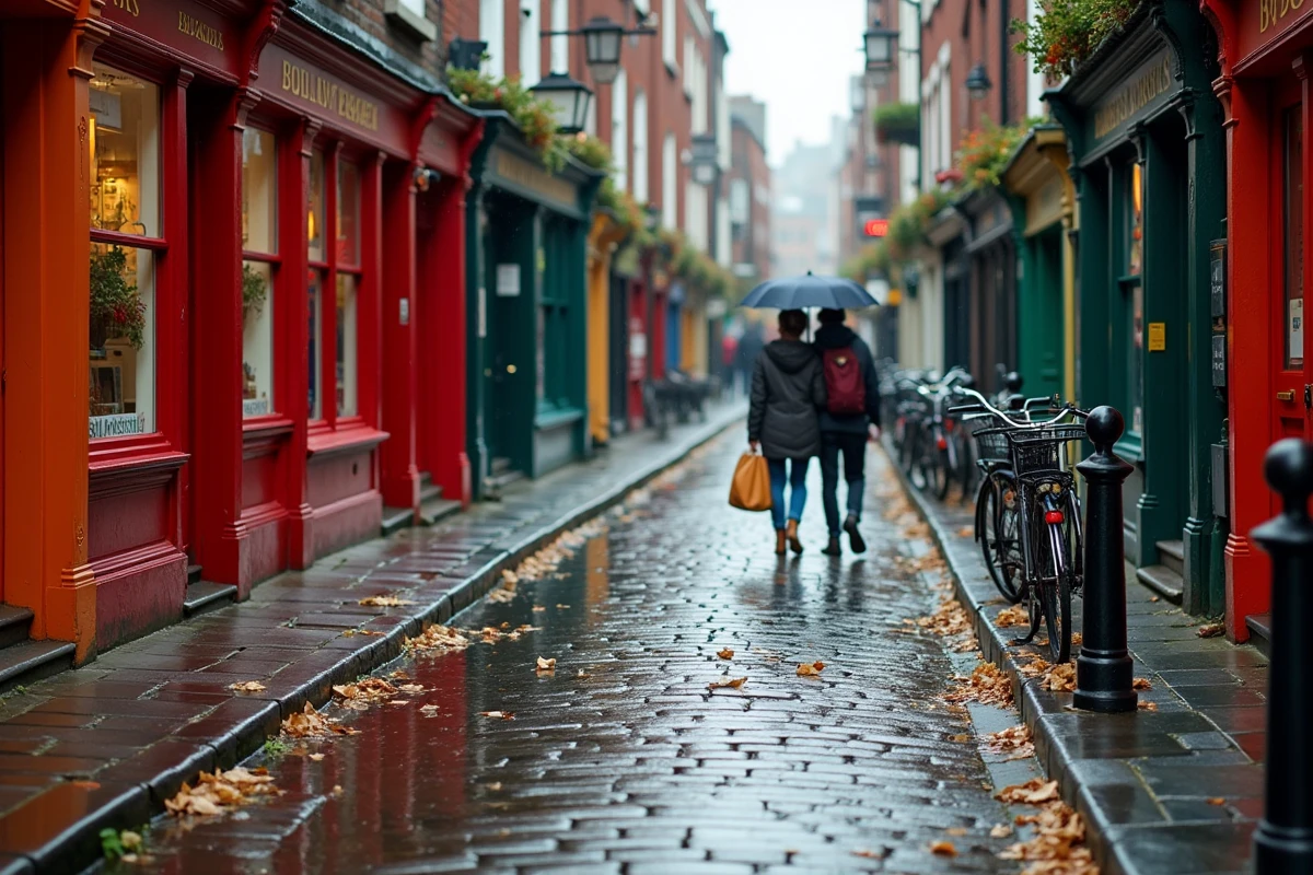 Ruelle pavée de Temple Bar à Dublin sous la pluie de novembre, reflets colorés dans les flaques et couple marchant avec un parapluie