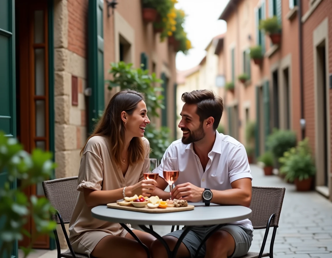 Couple profitant d'une pause en terrasse dans les ruelles historiques en brique rouge du vieux Montauban
