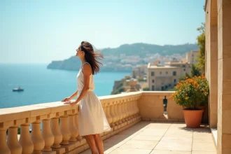 Femme en robe légère sur une terrasse en pierre de Malte avec vue sur la mer Méditerranée par temps chaud