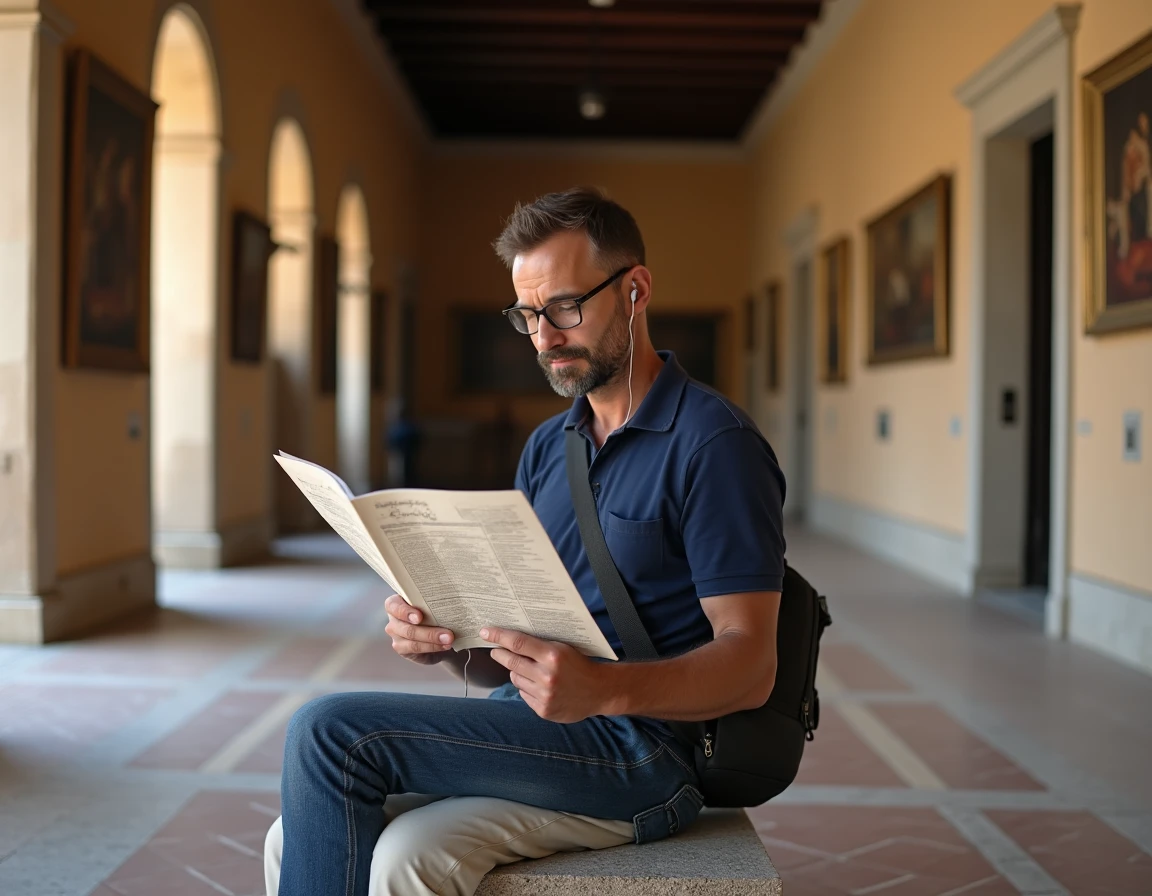 Touriste consultant un plan de visite autonome avec un audioguide dans les appartements royaux du Palais des Normands à Palerme