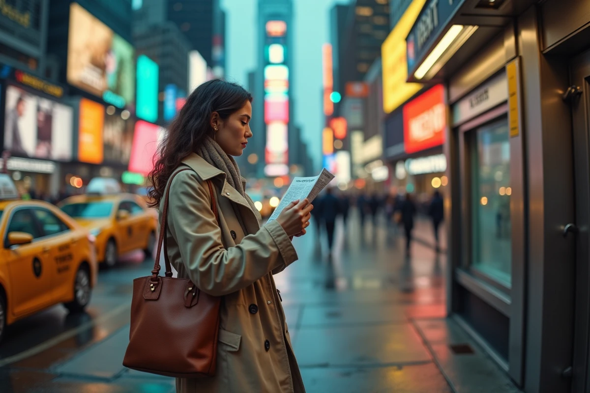 Femme consultant une carte touristique pr&egrave;s d'une entr&eacute;e de m&eacute;tro new-yorkaise avec Times Square en arri&egrave;re-plan